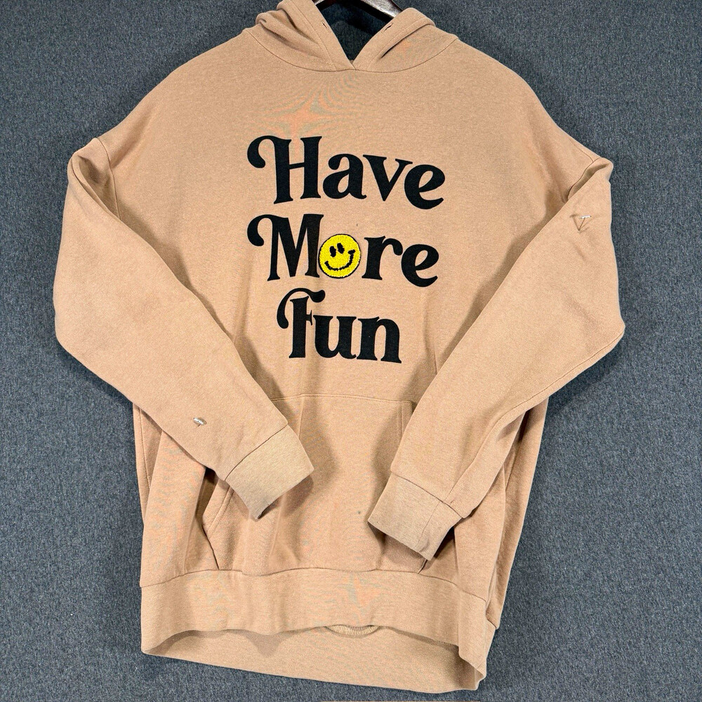Rue21 Boyfriend Hoodie Womens Small Tan Have More Fun Smiley Face Graphic